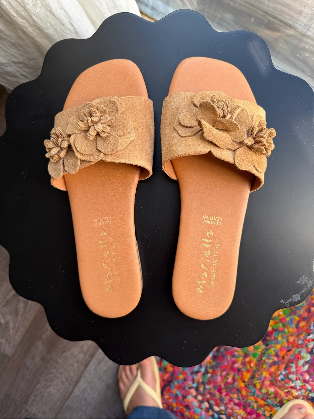 Floral Suede Slide Sandals in Tan - Made in Italy